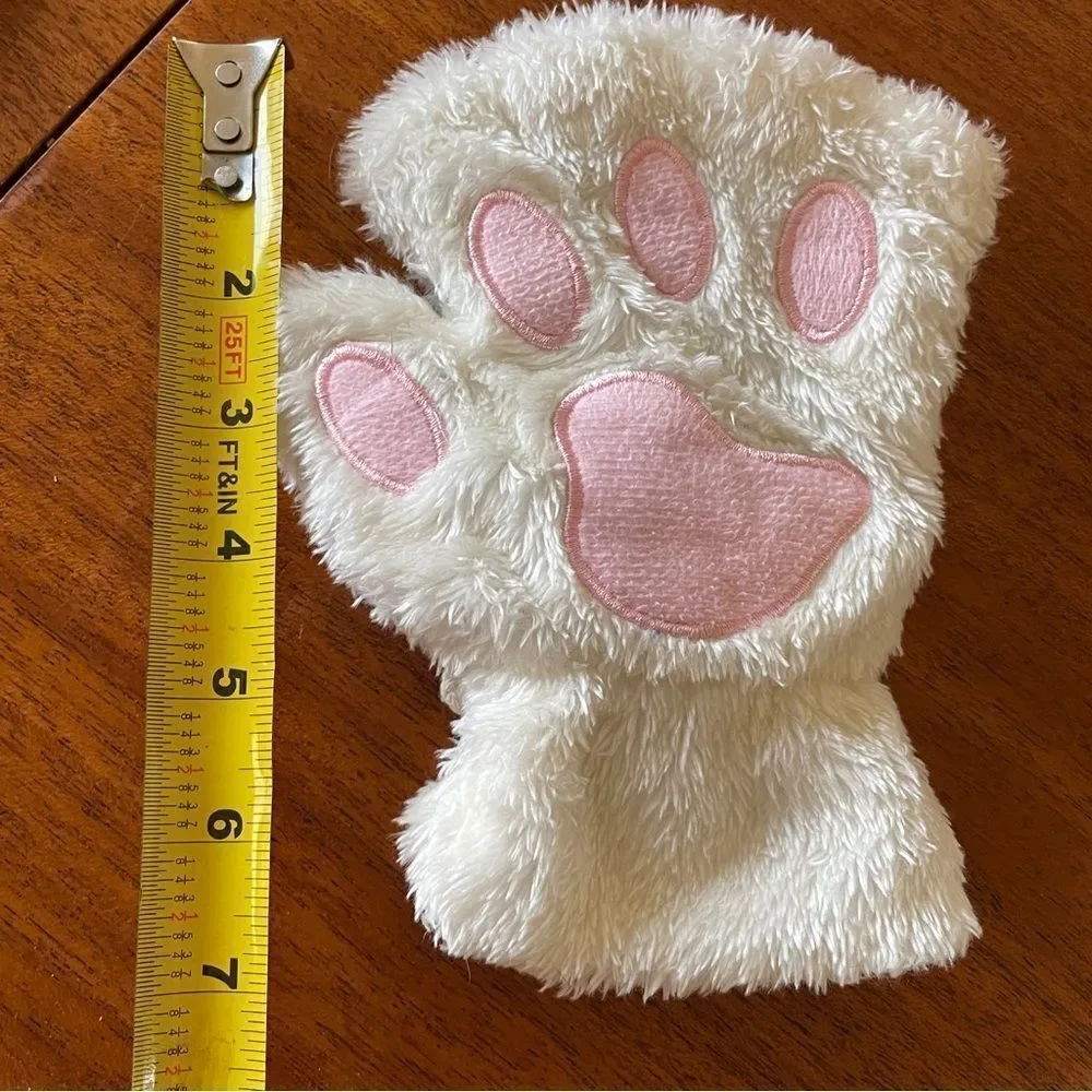 Fuzzy Cat Paw Costume Gloves White with Pink Pads